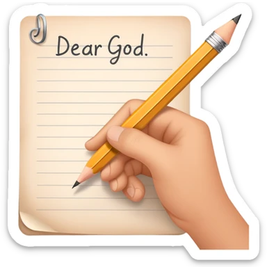 Hand holding pencil writing "Dear God" on essay paper sticker