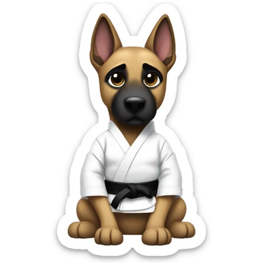 Malinois wearing white jiujitsu gi with a black belt sticker