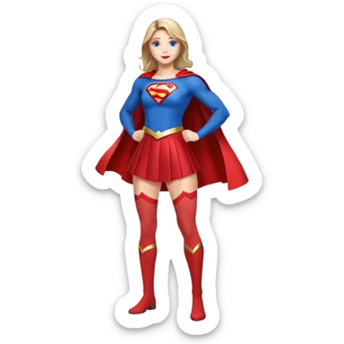 Supergirl superhero full body, blue tights with red skirt, red cape and S emblem on chest sticker