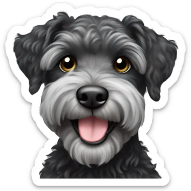 Black schnoodle with grey brindle and an underbite winking while smiling sticker