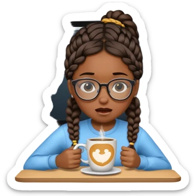 Make a black female software engineer with glasses  and braids coding, crying and drinking coffee sticker