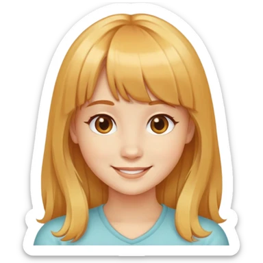 smiling girl with honey-colored hair, bangs, and long hair sticker
