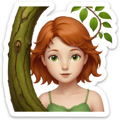 Un petit sapin vert sylvestre, féminin, regard malicieux, tâches de rousseurs délicates, joues roses. Yeux de biche brillants en forme amande, yeux couleur ambre, tronc couleur acajou. Sapin en mouvement, incurvé pour un effet vivant. Style meoji. sticker