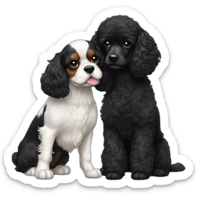 blenheim cavalier king charles spaniel and black mini poodle cuddle each other  sticker