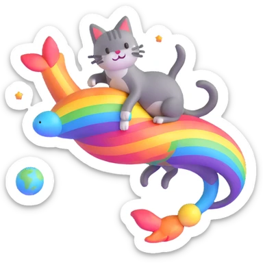 flying cat pooping rainbows in outer space with stars and planets sticker