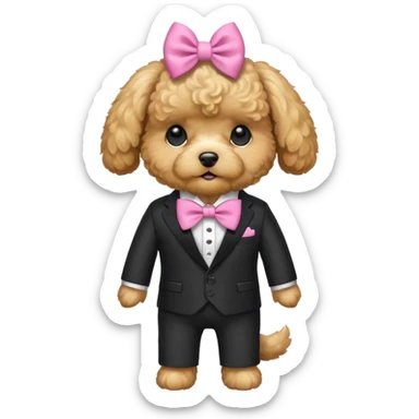 Golden maltipoo dog with pink bow k bow that is very poise make it have a suit on sticker