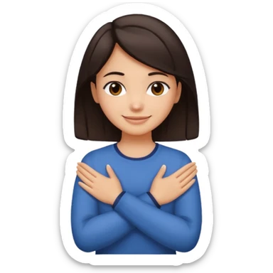 make an emoji of a girl with medium skin and very dark brown hair. her hands are crossed and holding the front of her neck. her face is smiling sticker