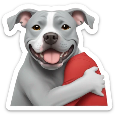 Grey male large pit bull smiling hugging bald white mature man with red tshirt sticker