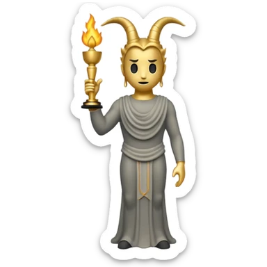 Minimalist emoji-style sticker of a full-body Oscar-like statue in matte gray-gold, with small horns  and faint flames at the base, all in black and muted hues sticker