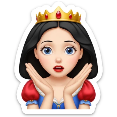 Snow White emoji with a surprised face, hands to cheeks, iconic fairytale style sticker