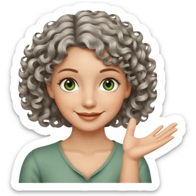 silver, short, wavy-haired with curls, smiling pretty lady, hopeful with fingers crossed on one hand, green/brown eyes sticker