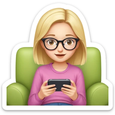 A cute young girl with glasses sitting on a couch, happily playing a mobile phone game sticker