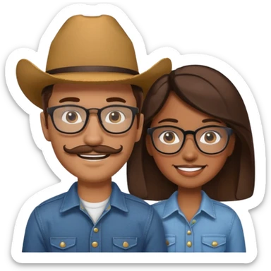 White brown cow boy with glasses and mustache with black girl sticker
