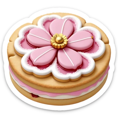 Realistic shortbread cookie in the shape of a cherry blossom with pale pink color jelly middle filling and sprinkled powder sugar on top. sticker