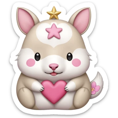 GENERATE ME A MOMONGA WHITE ANIMAL  FROM CHIIKAWA AND PUT A SAKURA FLOWER ON HIS HEAD AND A STAR PELT ON HIS BELLY AND A HEART PURSE ON HIS ARM WITH HIS FACE MAKE HIS TOUNGE STICK OUT WITH A LITTLEPINCH OFDROOL AND MAKE HIM ANIME STYLED ART sticker