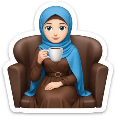 Turkish beautiful finish Konya girl blue eyes with brown hijab long tail dress and sits on the chair on the ground and holds cup coffe with her hand  sticker