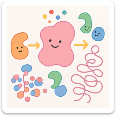 Ultra-detailed scientific illustration  (like in a school book) of enzyme digestion. Macro molecular view, clean white background, no text, no human figures or cartoon characters. Purely biological focus and really detailed sticker