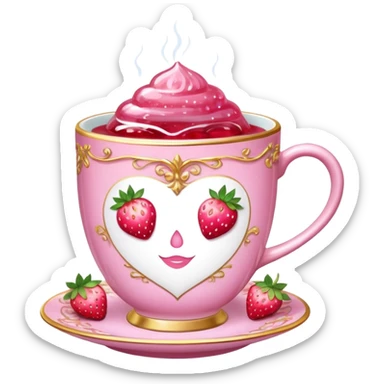 Pink sparkling tea cup with strawberry tea in it sticker