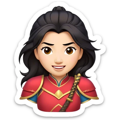 Cinematic Playful Mulan Portrait Emoji, Mid-laugh with a strand of hair falling over her face, adjusting her armor, eyes full of adventure, exuding an irresistible mix of beauty and fun, the perfect blend of warrior and princess! sticker
