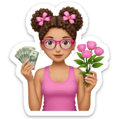 Uma menina com o cabelo cacheado com um Coque com baby hair, morena, e com uma regata rosa com um gloss na frente da regata ,com unha em gel,e com dinheiro na mão ,e com flores na outra mão,  com óculos  sticker