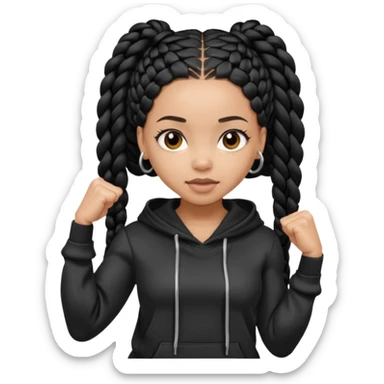 African American light skin girl with long black box braids wearing a plain black hoodie flexing arm muscles sticker