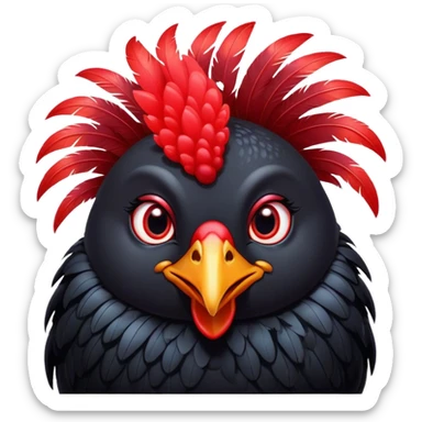 Cinematic Cute Black Chicken Portrait Emoji, Head tilted playfully and inquisitively, featuring sleek, lustrous black feathers and a vibrant red comb, round, sparkling beady eyes filled with curiosity, Simplified yet irresistibly adorable features, highly detailed, glowing with a warm, friendly glow, high shine, affectionate and lively, stylized with a touch of whimsical charm, bright and endearing, soft glowing outline, capturing the essence of a mischievous yet loving chicken, so playful it feels like it could peck out of the screen and into your arms! sticker