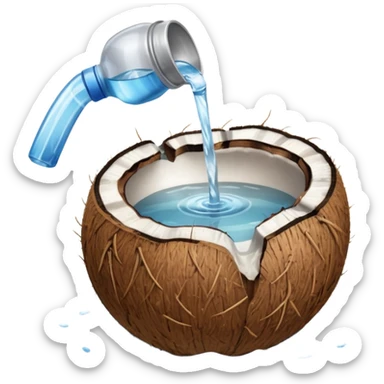 An uncut coconut with water being poured over it with hands cupping water sticker