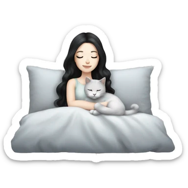 Pale skin girl black hair sleeping with light grey kitty sticker