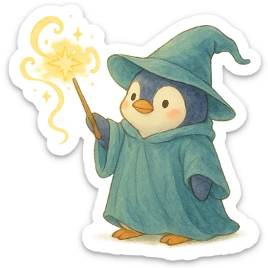 ghibli style penguin wizard casting a spell, soft colors sticker