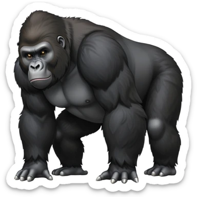 cinematic-gorilla-realistic-full-body-standing on all fours-emoji,-broad-and-powerful-frame-poised-with-confidence,-massive-arms-hanging-slightly-forward,-head-tilted-thoughtfully,-thick-black-fur,-deep-dark-eyes-full-of-intelligence,-simplified-yet-realistic sticker