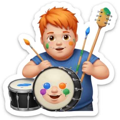 A chubby orange hair fan pounding a bass drum, cheeks puffing with energy with paints on his cheeks sticker