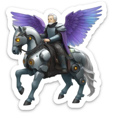 aristotle riding cyberpunk winged mech horse sticker