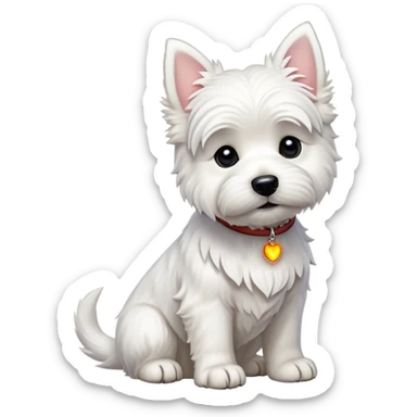 cinematic-[west highland white terrier]-realistic-full-body-sitting-emoji,-tail-resting-loosely-beside-its-paws,-head-tilted-dramatically, dooped ears -wavy-[white-fur,-simplified-yet-realistic-focused-features,-highly-detailed,-glowing-with-an-almost-sarcastic-glow sticker