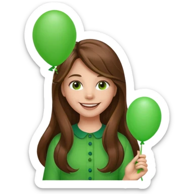 girl with long brown hair, holding green balloon sticker