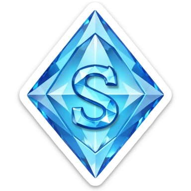 Create a custom emoji badge featuring a stylized, glossy letter “S”. Style it after the Diamond rank from League of Legends. Use crystalline blue tones, sharp reflections, faceted textures, and a high-end glowing frame. sticker