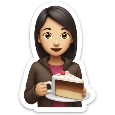 An Asian girl with enjoying a piece of victoria cake with a cup of hot chocolate sticker