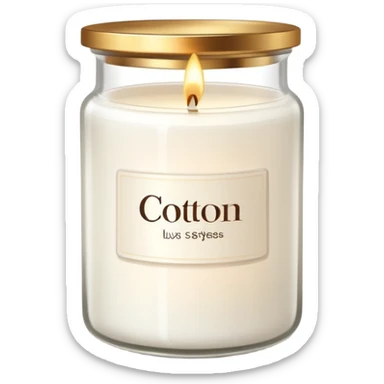 minimal flat emoji of a white scented candle in a glossy white glass jar with the write “cotton”, soft warm glow, clean vector style, elegant and modern, transparent background lux style sticker