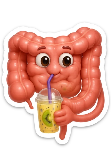 EMOJI STILE IPHONE DI un intestino umano anatomico che beve un frullato di mirtilli, ananas, kiwi, fagli anche la parte bianca degli occhi, non solo le pupille, REALISTICo 4K sticker