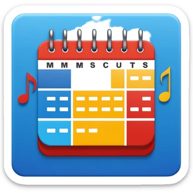 Flat icon, bright rectangular background with abstract color blocks (blue, yellow, red), black silhouette of a calendar grid, small musical notes around it, style of performing arts college logo, clean bold shapes, no gradients, high contrast, dynamic artistic composition. sticker