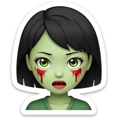 adorable Asian zombie girl emoji, very short Ada Wong inspired black hair, green skin, cute fangs, wink sticker