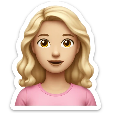 a girl with fair skin tone with a dark blonde slight wavy hair and light pinkish cheeks with colored eyes and a pink shirt sticker
