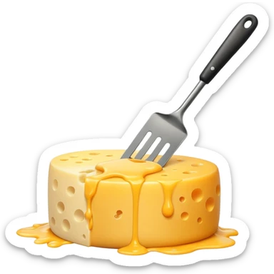 a half vertical wheel of cheese being scraped with a metal spatula, melted cheese flowing, modern emoji style, clean, transparent background sticker
