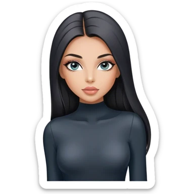 Glamours, tanned, very beautiful girl, with big pump peach-beige-rose lips, long long lashes, black straight smooth silky long hair, straight parting hair, blue-grey eyes in black long-sleeves bodysuit sticker