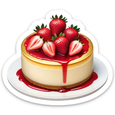 Cinematic creamy cheesecake, smooth and velvety, topped with fresh strawberries and a glossy fruit glaze, golden crumbly crust, beautifully plated, soft glowing background, indulgent and elegant. sticker