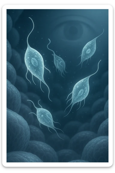 A detailed macro-style image of a translucent human intestinal wall under extreme magnification. Floating nearby are multiple protozoa — small, semi-transparent, shapeshifting organisms with flagella or cilia, glowing faintly under the microscope. In contrast, a faded overlay silhouette of a human eye is shown in the background, symbolizing how these organisms are invisible to unaided vision. The scene is softly lit with cool bluish tones, evoking a clinical and microscopic atmosphere. Focus is hyper-sharp on the protozoa, with blurred organic tissue textures in the background. Educational yet haunting, it shows how much remains unseen inside the body sticker
