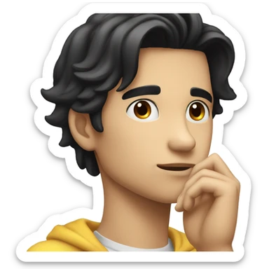 thinking with his hand on chin white young male with black hair without body just face and hand sticker