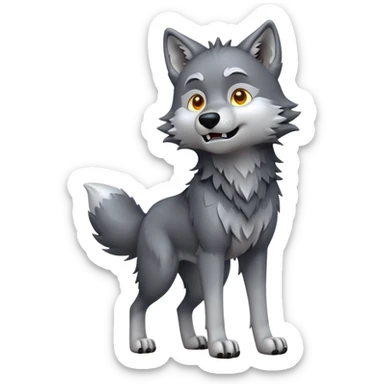 cinematic-[wolf]-realistic-full-body-standing-emoji,-tail-resting-loosely-beside-its-paws,-head-tilted-dramatically, -scruffy-[grey]-fur,-simplified-yet-realistic-focused-features,-highly-detailed,-glowing-with-an-almost-sarcastic-glow sticker