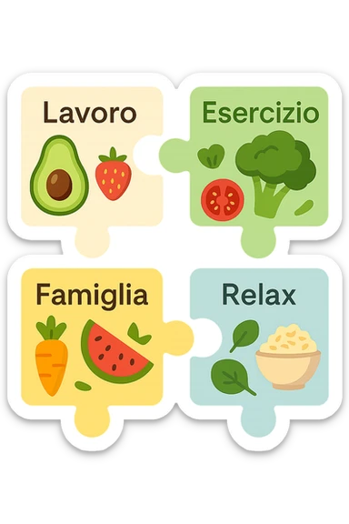 Puzzle (Lavoro, Esercizio, Famiglia, Relax), and healthy foods are integrated into each piece. in italiano sticker