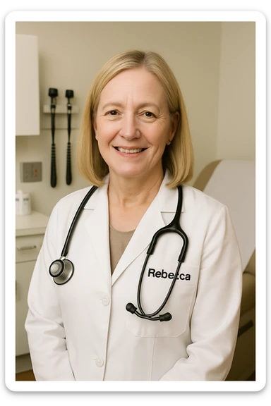 Make Rebecca's hair thinner, blonder, and shoulder length. She should appear slightly older and be smiling, keep her as a doctor in a professional setting, realistic style. sticker