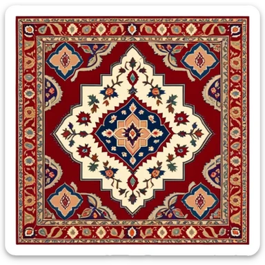 Cinematic Realistic depiction of a richly patterned Turkish carpet, rendered with exquisite details and vibrant colors, set against a soft, warmly lit background that emphasizes its artisanal craftsmanship sticker